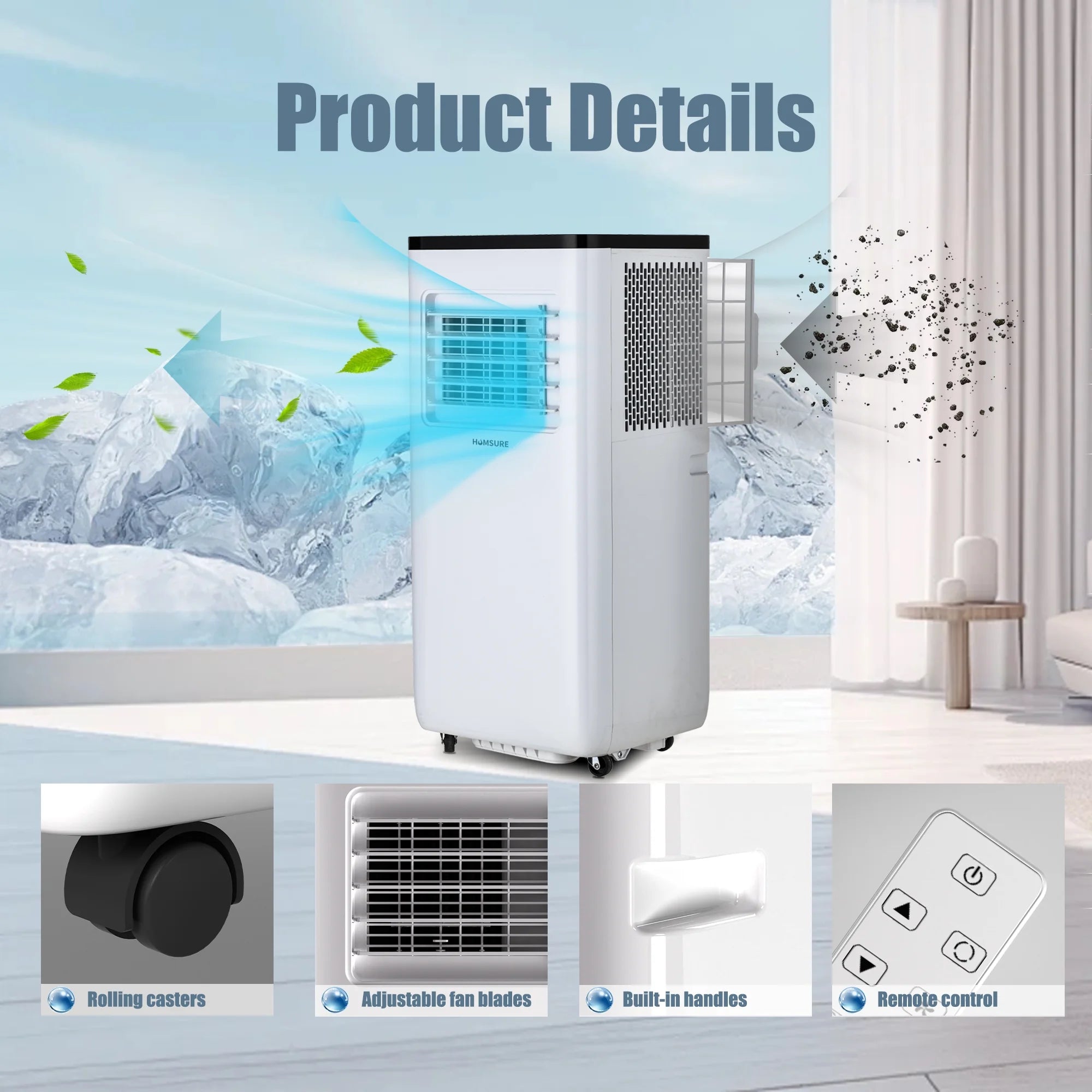 Portable Air Conditioners 10000 BTU Room Air Conditioning, Portable AC Unit with Remote Control, Cooling, Dehumidifier and Fan, Automatic, Sleep 5 Mode Floor AC