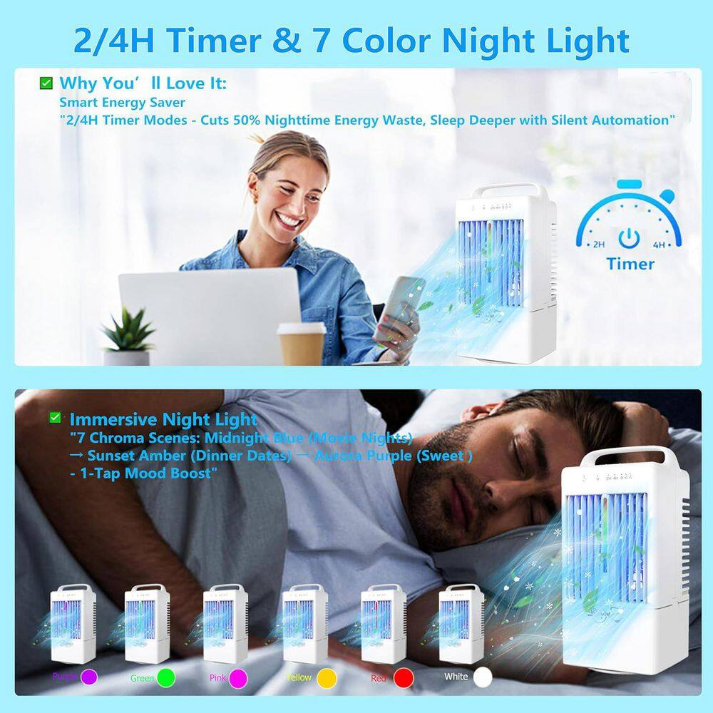 Portable Air Conditioner 90° Auto-Oscillating Evaporative Air Cooler with 900Ml Tank, 3 Speeds & Timer, 7 Light No Heat
