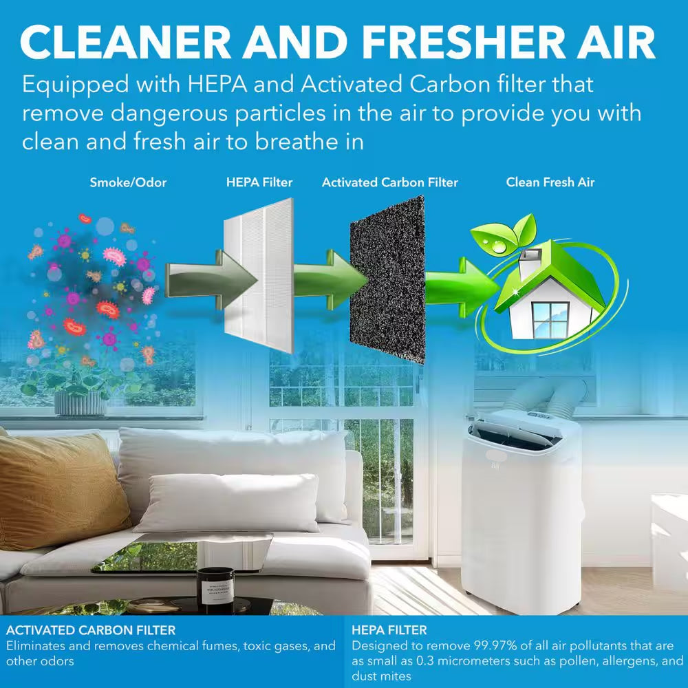 10,000 (DOE) BTU Portable Air Conditioner Cools 500 Sq. Ft. W/Dehumidifier, Remote and HEPA Filter, White