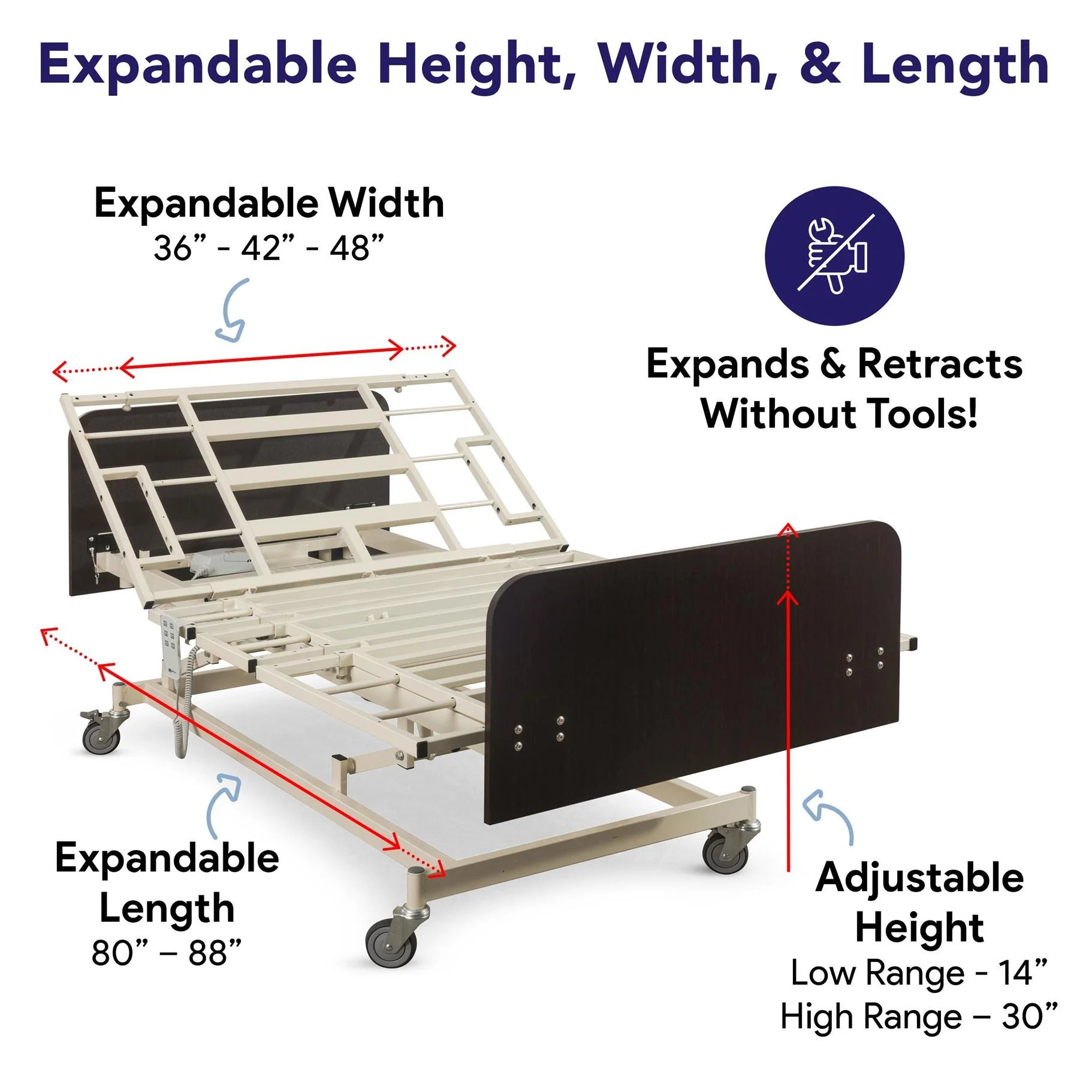 Ultra Wide Full Electric Bariatric Adjustable Hospital Bed - 14"-30" Height Range, 36”-42”-48” Width, 80”-88” Length 550 Lbs