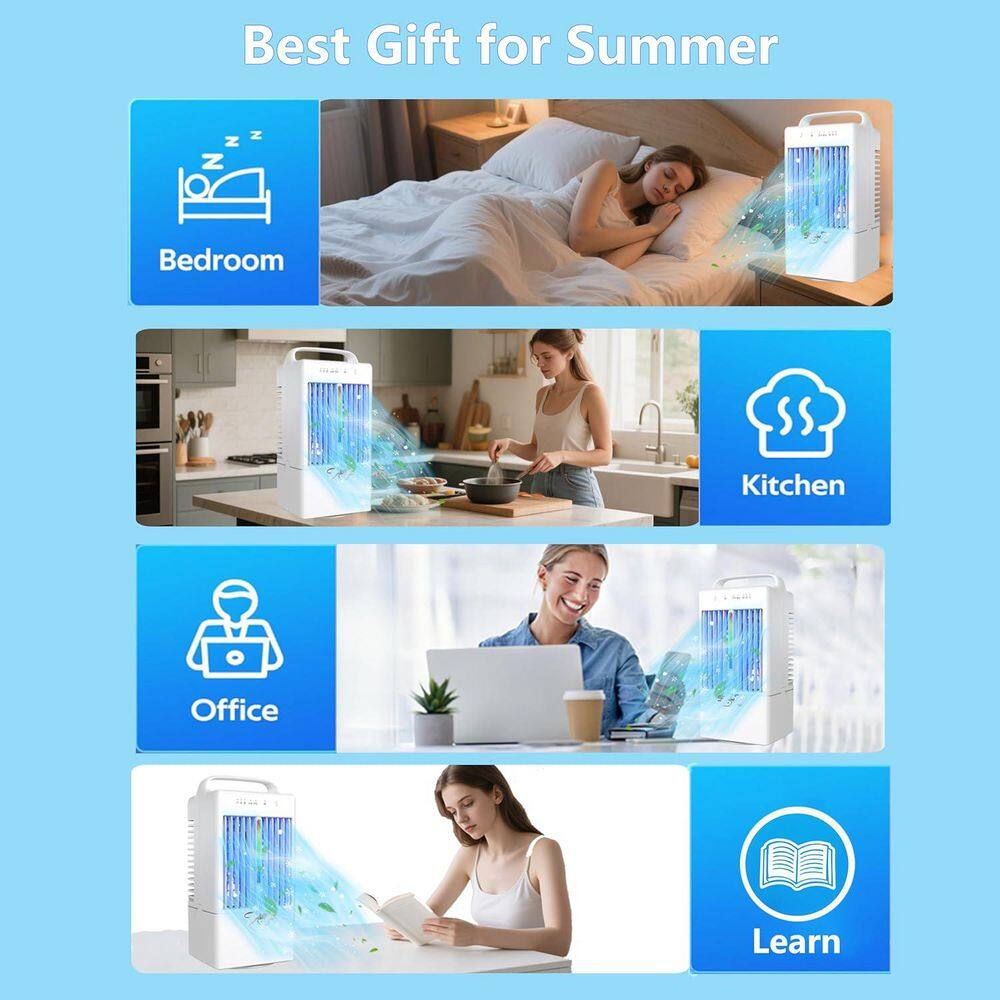 Portable Air Conditioner 90° Auto-Oscillating Evaporative Air Cooler with 900Ml Tank, 3 Speeds & Timer, 7 Light No Heat