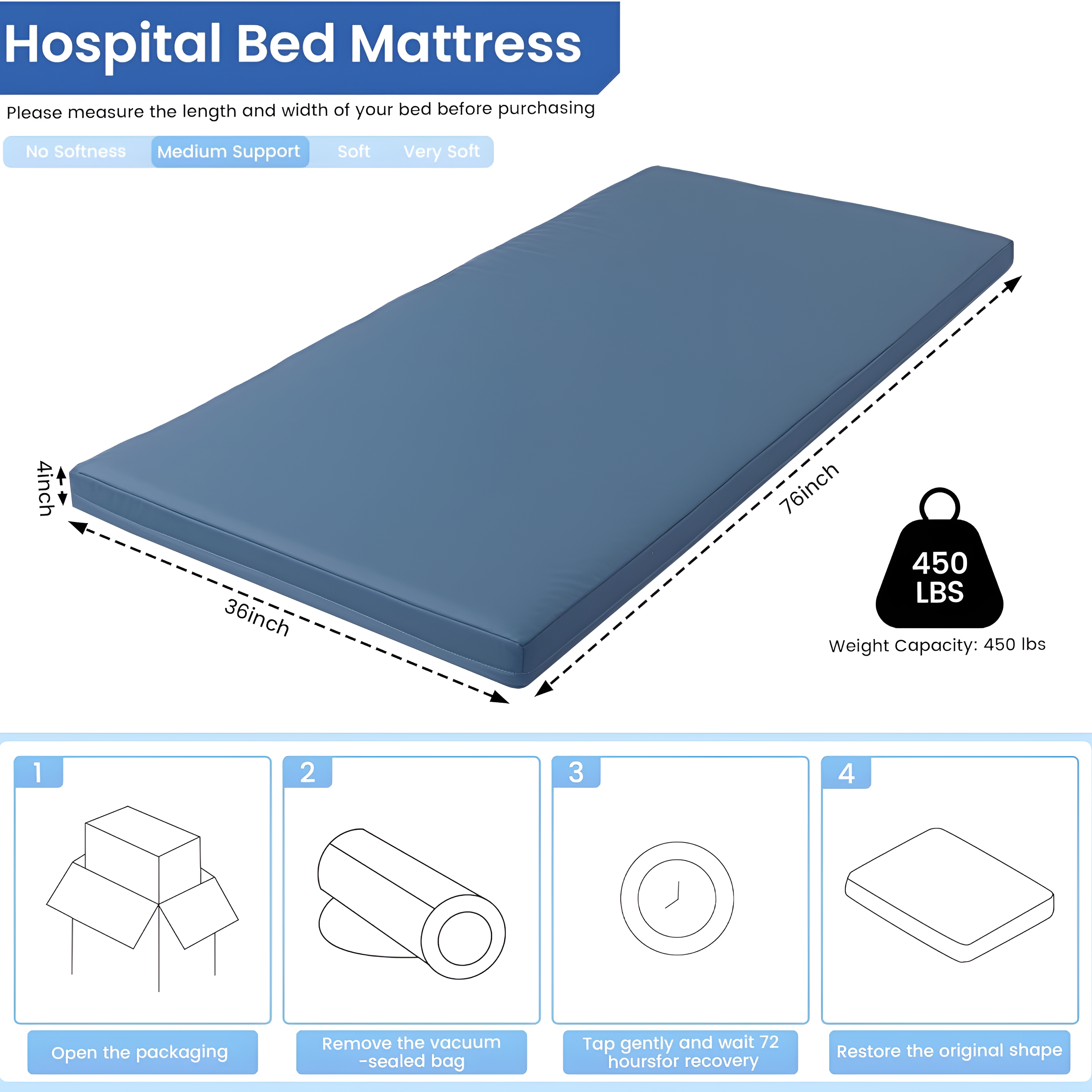 5-Zone Memory Foam Hospital Mattress for Pain Relief & Comfort 76"X36