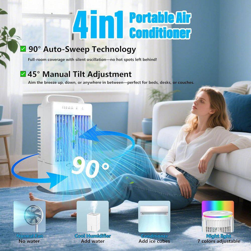 Portable Air Conditioner 90° Auto-Oscillating Evaporative Air Cooler with 900Ml Tank, 3 Speeds & Timer, 7 Light No Heat