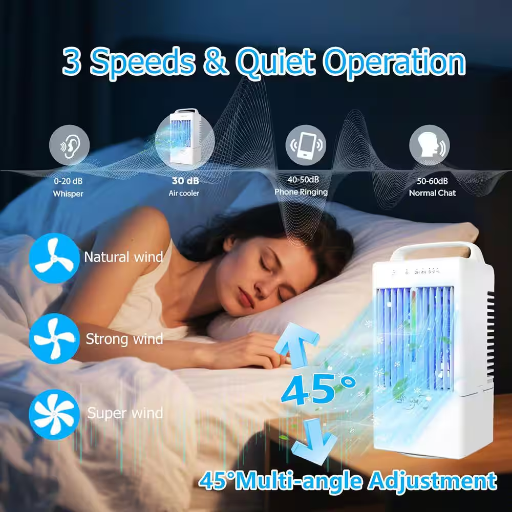 Portable Air Conditioner 90° Auto-Oscillating Evaporative Air Cooler with 900Ml Tank, 3 Speeds & Timer, 7 Light No Heat