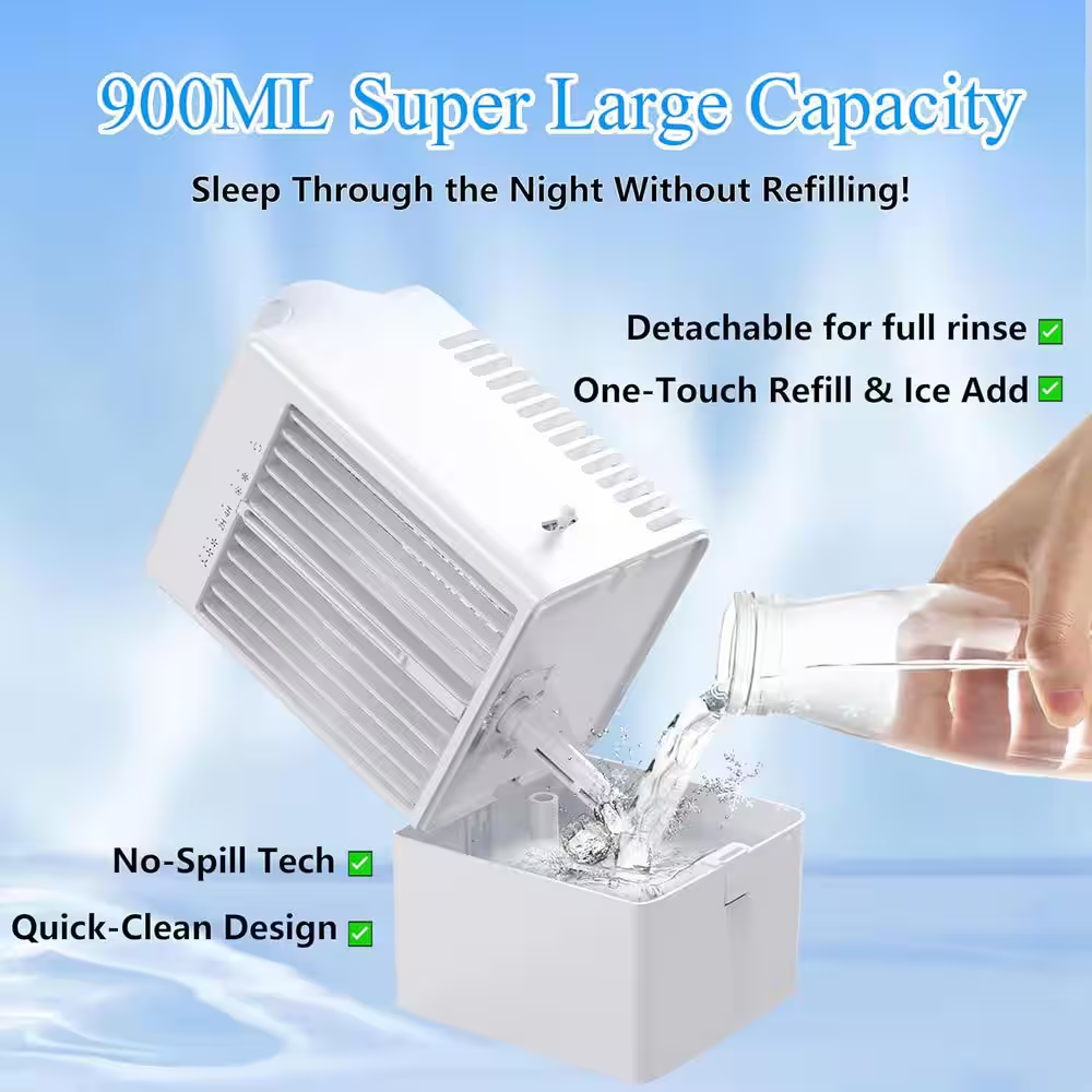 Portable Air Conditioner 90° Auto-Oscillating Evaporative Air Cooler with 900Ml Tank, 3 Speeds & Timer, 7 Light No Heat