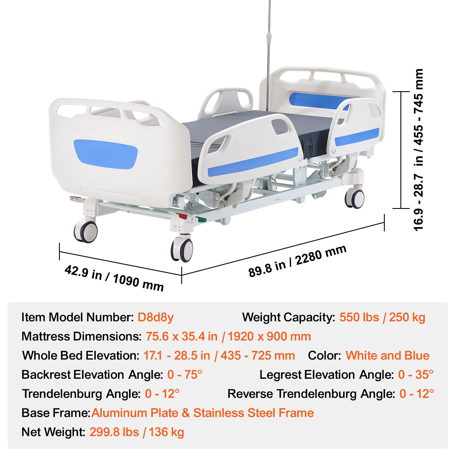 Premium 5 Function Full Electric Hospital Bed ICU Medical Bed 550LBS Loads